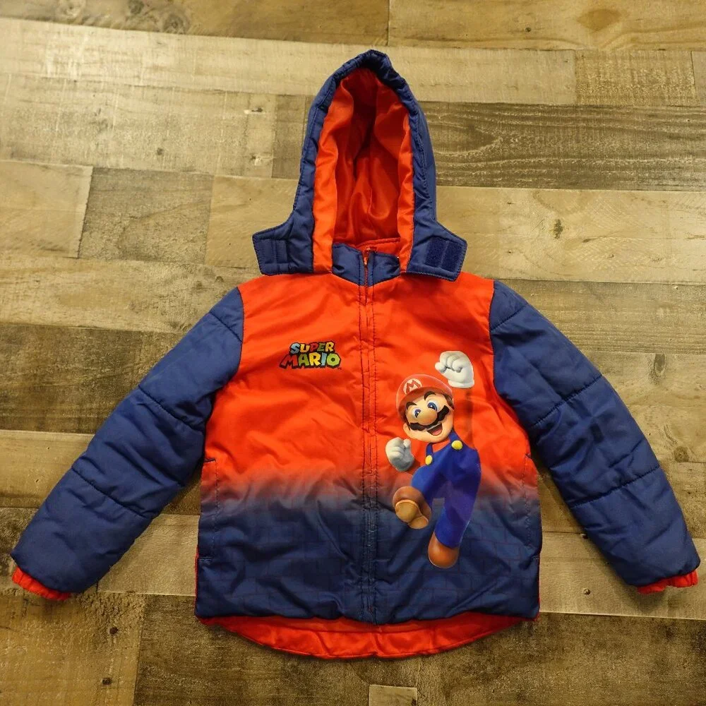 Super Mario Puffer Jacket Kids 5/6 Red Blue Hooded Coat Big‎ Graphic FAIR